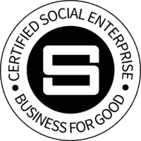 Round Black and white Social enterprise badge with the words certifies social enterprise, business for good